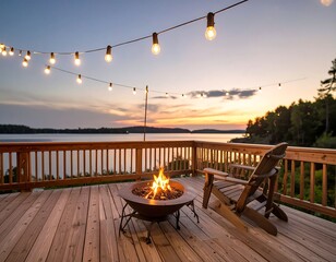 Serene lakeside deck at sunset
