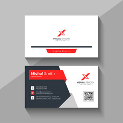 Modern business card design with red accent and qr code for contact information
