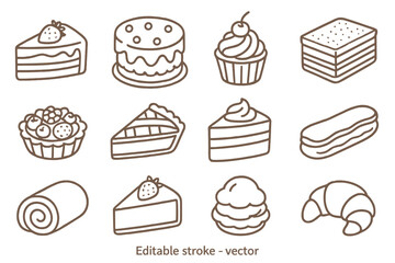 Cakes and pastries outline icon collection. Bakery dessert and sweet food line art set. Vector symbols for cake, pie, cupcake, croissant, eclair. Editable stroke graphics.