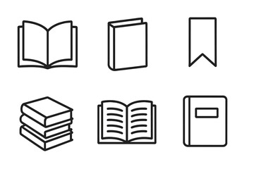 Book icons set vector outline. Open book, closed book, stack, bookmark, diary, reading concept. Education, literature, library, app symbol. Modern line design for web, mobile, print, advertising.