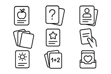 Flash card vector line icon set. Educational learning game thin outline signs. Study, quiz, memory, knowledge cards for mobile app, web design, UI UX graphic element bundle.