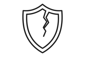 Cracked shield line icon. Concept of vulnerability, data breach, insecurity, and risk. Broken protection and safety symbol. Unsafe, defenseless, danger. Vector illustration.