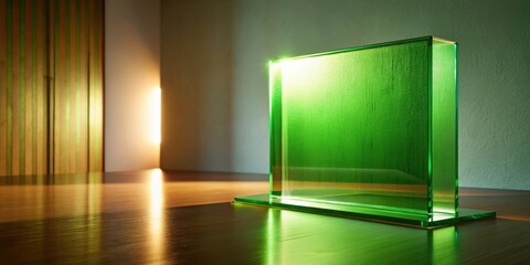 Illuminated Emerald Glass Display on Polished Wood Surface