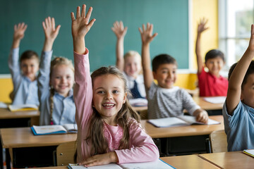 Diverse elementary school children raising hands in a bright classroom education learning