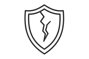 Cracked shield line icon. Concept of vulnerability, risk, and insecurity. Broken defense symbol for cybersecurity breach, data protection failure, or system error vector.