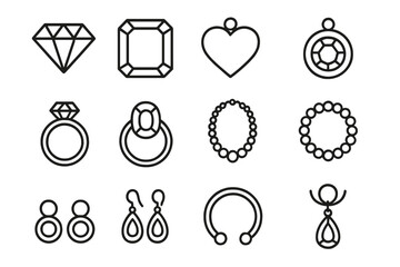 Jewelry and Gemstone Outline Icon Set for Graphic and Web Design, Apps, Advertising, Cards. Luxury Diamond, Gem, Ring, Necklace, Pendant, Earring, Bracelet, Fashion Accessories Vector Collection
