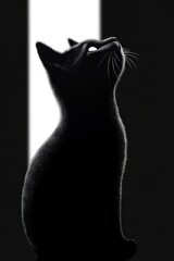 Silhouette of a cat sitting and looking upward with whiskers illuminated against a stark black and white background, creating a mysterious and contemplative mood