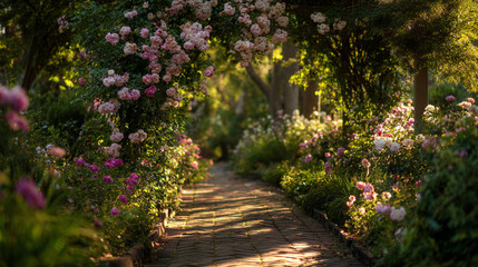 A brick path winds through a lush garden with pink flowers and green foliage in soft light
