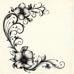 Black and white elegant floral corner design with detailed flowers, leaves, and swirling vines on a light textured background expressing grace and sophistication