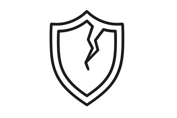 Broken shield icon. Security breach and data protection failure concept. Vulnerable system symbol. Vector line art illustration for web, cybersecurity, risk, and safety.