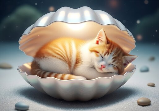 Adorable ginger tabby kitten sleeping soundly in a iridescent clamshell