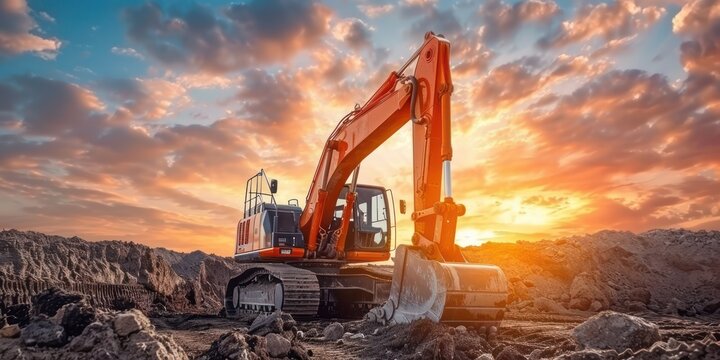 An orange excavator with a claw arm in a construction site at sunset.