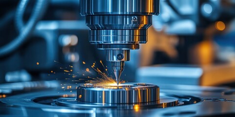 Close-up of a precision CNC milling machine cutting metal with bright orange sparks flying in an industrial setting