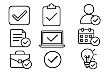 Check mark outline icon set. Approve, complete, verified concepts. Business solution, user verification, task done, checklist, good idea. Editable stroke vector illustration.