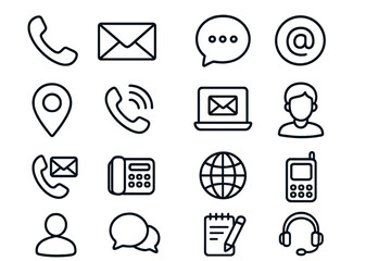 Contact Us Communication Icon Set. Editable Stroke Vector Line Symbols. Phone, Email, Chat, Support, Location, Customer Service. Perfect for Infographics, Websites, Banners, Business Flyers