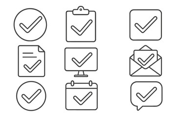 Checkmark icon set, simple line art collection. Tick symbol for approved, done, complete tasks. Vector graphics of clipboard, email, calendar, document. Editable stroke.