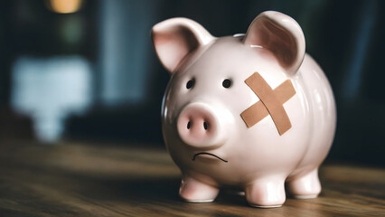 Sad piggy bank with bandage, financial crisis concept in uncertain times