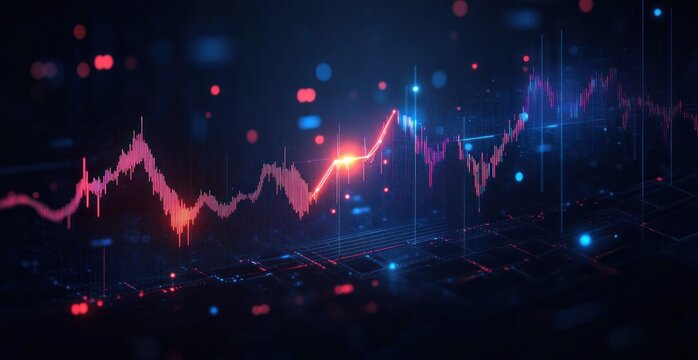 Digital abstract financial graph with fluctuating data lines in neon blue and red glowing on dark futuristic background