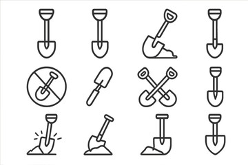 Shovel icons set. Linear outline shovels, spades, crossed tools, digging, prohibition, gardening, construction, web and app signs. Vector collection for graphic design, cards, adverts