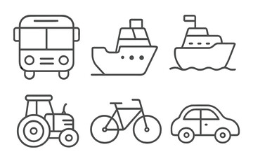 Transport line icon set. Bus, car, ship, tractor, bicycle vector icons. Editable stroke. Public, water, and land vehicle symbols for web, app, and print design.
