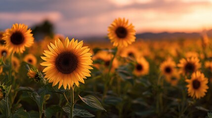 Obraz premium Sunflower Field at Sunset with Golden Sky
