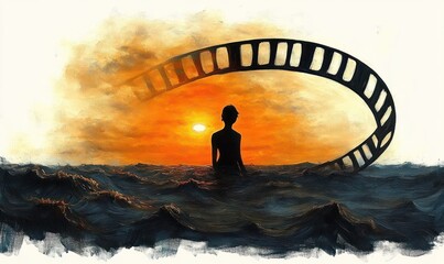 Silhouette of a person sitting in turbulent water with an orange sunset and a floating film strip arching overhead expressing solitude and contemplation