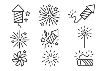 Firework line icons set for celebration and holiday design. Editable stroke vector symbols of fireworks, rockets, sparklers, pyrotechnics for web, app interface, cards, posters, New Year events