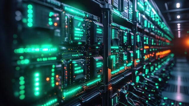 Close-up view of a futuristic data center server racks with glowing green and orange LED lights creating a high-tech atmosphere - Powered by Adobe