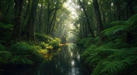 Obraz premium Serene Forest Stream Bathed in Golden Sunlight