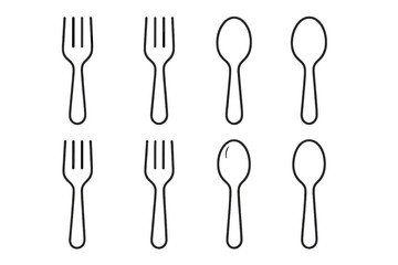 Simple fork and spoon outline icon collection. Minimalist linear kitchen utensil set. Editable stroke vector for web, books, cards, apps. Cartoon food illustration. Black isolated transparent style.