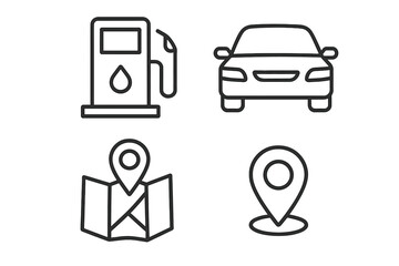 Gas station car road map pin icon set. Editable stroke vector illustration for UI, placards, apps, websites. Transportation location navigation GPS sign for mobile app and Book design. Modern outline.