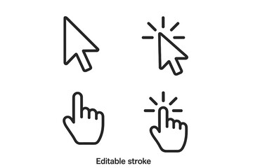 Cursor line icon collection. Editable stroke vector set. Hand and arrow pointer symbols for web design and user interface. Click and press action pictogram concept.
