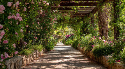 Obraz premium Pathway through a garden with a wooden trellis covered in climbing plants and pink flowers