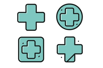 Obraz premium Modern Medical Cross Icons Set in Outline Style, Teal Color, Cartoon Vector Design Elements for Healthcare, Apps, Cards, Social Media, UI, Web, Transparent Background, Editable Template