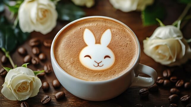 A cup of latte with a smiling bunny face latte art surrounded by white roses and coffee beans on a wooden surface creating a cozy and cheerful atmosphere
