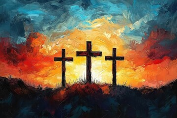 Three dark crosses standing on a hill against a vibrant, colorful sky with dramatic blue, orange, and yellow clouds at sunset or sunrise