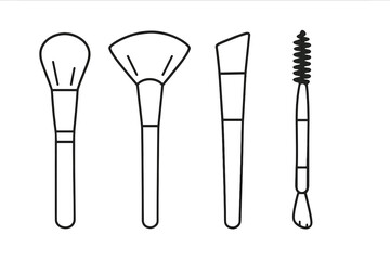 Makeup brush set vector line icon collection. Cosmetic tools for powder, foundation, contour, eyeshadow, eyebrow, and mascara. Professional beauty and glamour concept.