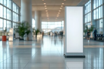 Bright empty modern hallway with large windows, tile floor and blank vertical digital signage stand, blurred background with people and plants