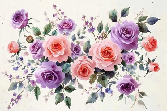 Delicate watercolor painting of pink and purple roses with green leaves on a light background conveying a calm and fresh floral arrangement