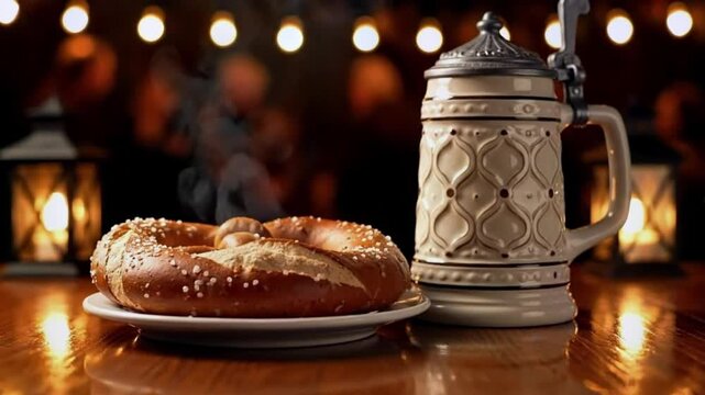 Ceramic stein with ornate relief stands beside a salted pretzel on a rustic tabletop against warm bokeh.