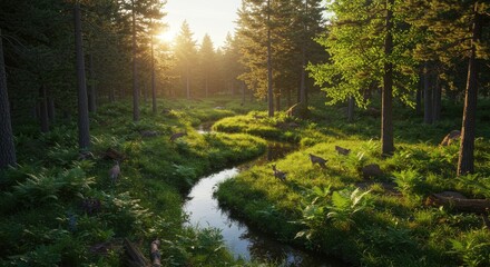 Obraz premium Serene Forest Stream with Deer at Sunrise