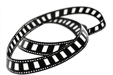 Black and white photographic film strip curled against a white background conveying motion and nostalgia