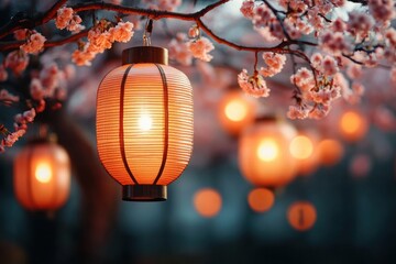 Glowing paper lantern hanging on tree branch surrounded by blooming cherry blossoms during twilight