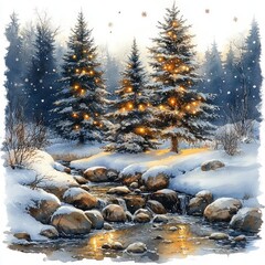 Winter forest scene with snow and lights