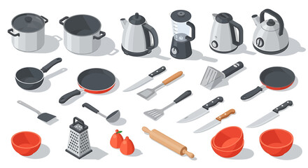 Isometric view of various kitchen utensils and cookware.