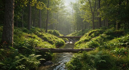 Obraz premium Serene Forest Stream with Fallen Logs and Lush Greenery
