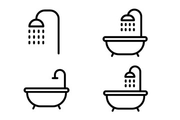 Shower and Bathtub Line Icon Bundle. Modern Outline Bathroom Elements. Vector Cartoon Set for Web Design, Apps, Advertising, Cards, Transparent Background. Clean Water Hygiene Symbols