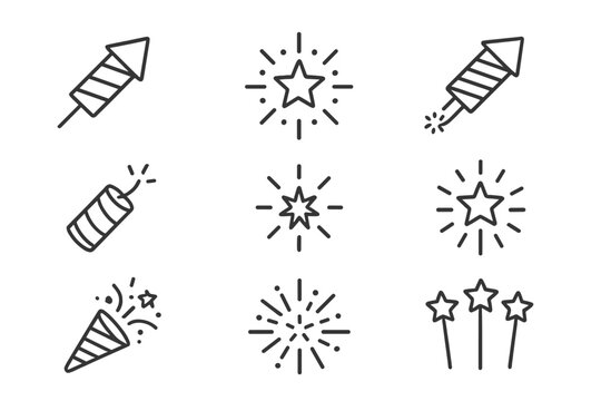 Firework line icon set. Simple vector symbols for celebration, party, and holidays. Collection of isolated outline icons: rocket, firecracker, sparkler, popper, star burst. Editable stroke.