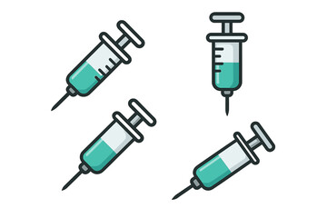 Syringe vector icon set for medical drug injection. Health care concept with needle for vaccination or treatment. Vaccine dose cartoon illustration for medicine and science.