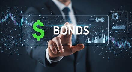 A businessman interacts with a digital interface displaying bonds, symbolizing financial investments and fixedincome securities in the market